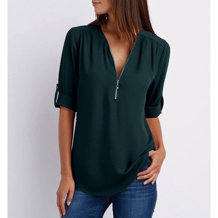 The Oliviane – Chic Zipper V-Neck Blouse