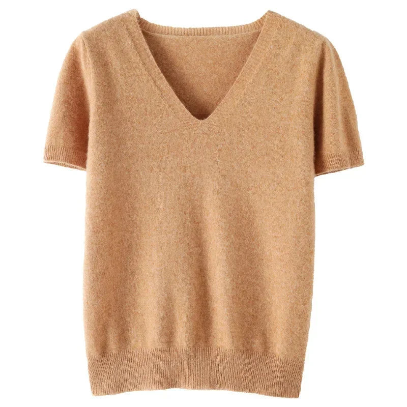 The Selavine – Soft V-Neck Short-Sleeve Knit Top