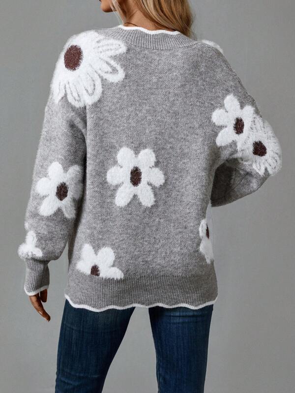 The Floravine – Elegant V-Neck Floral Sweater