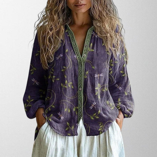 The Soléane – Vintage Leaf Print Blouse