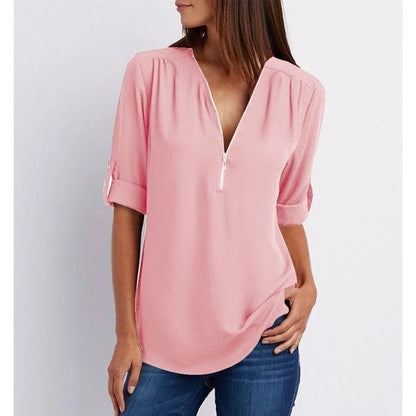 The Oliviane – Chic Zipper V-Neck Blouse