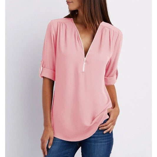 The Oliviane – Chic Zipper V-Neck Blouse