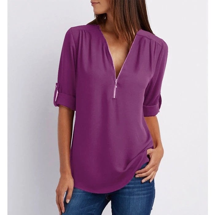The Oliviane – Chic Zipper V-Neck Blouse