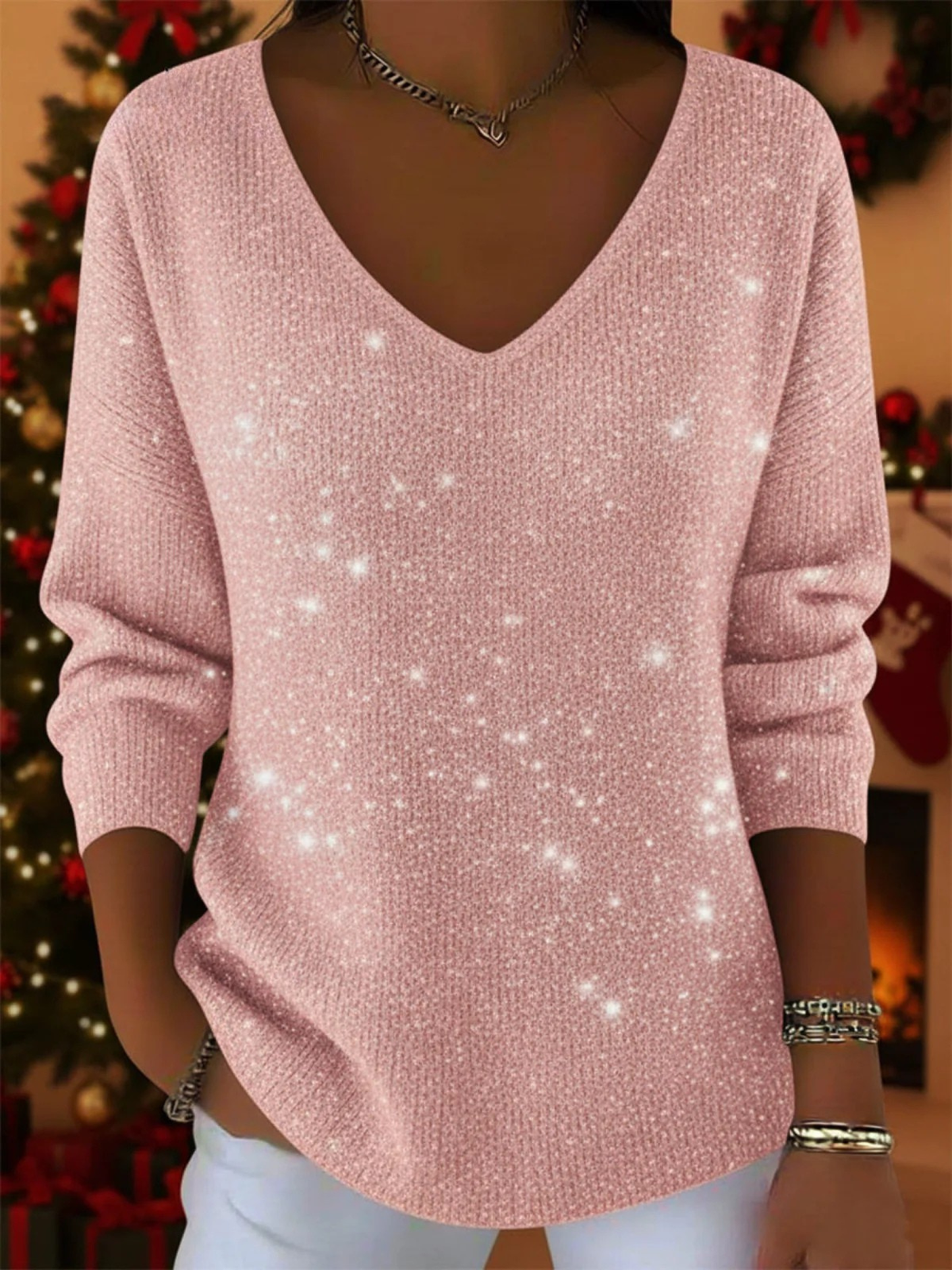 The Elavinne – Festive V-Neck Glitter Sweater