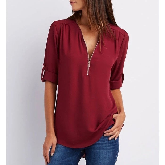 The Oliviane – Chic Zipper V-Neck Blouse