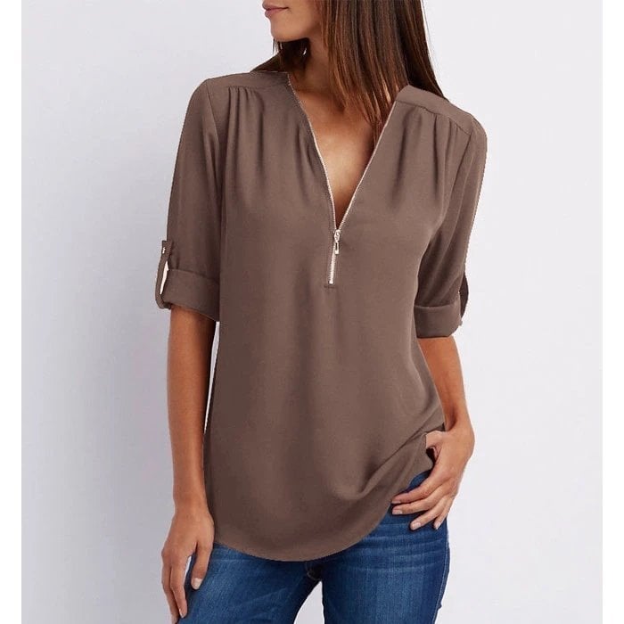 The Oliviane – Chic Zipper V-Neck Blouse
