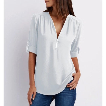 The Oliviane – Chic Zipper V-Neck Blouse