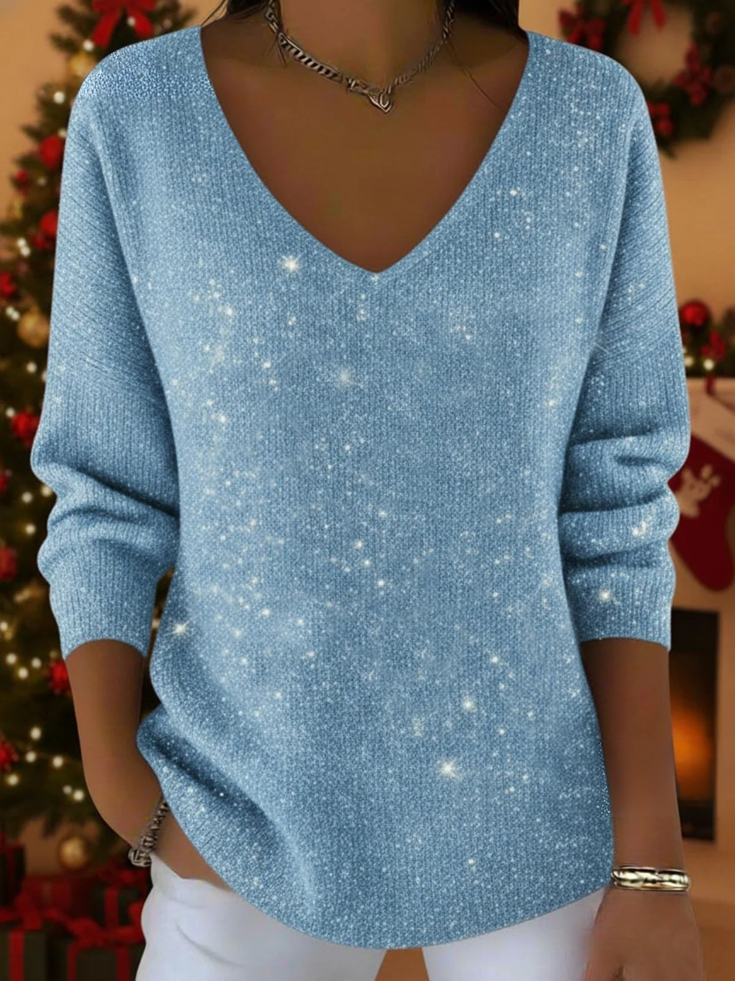 The Elavinne – Festive V-Neck Glitter Sweater