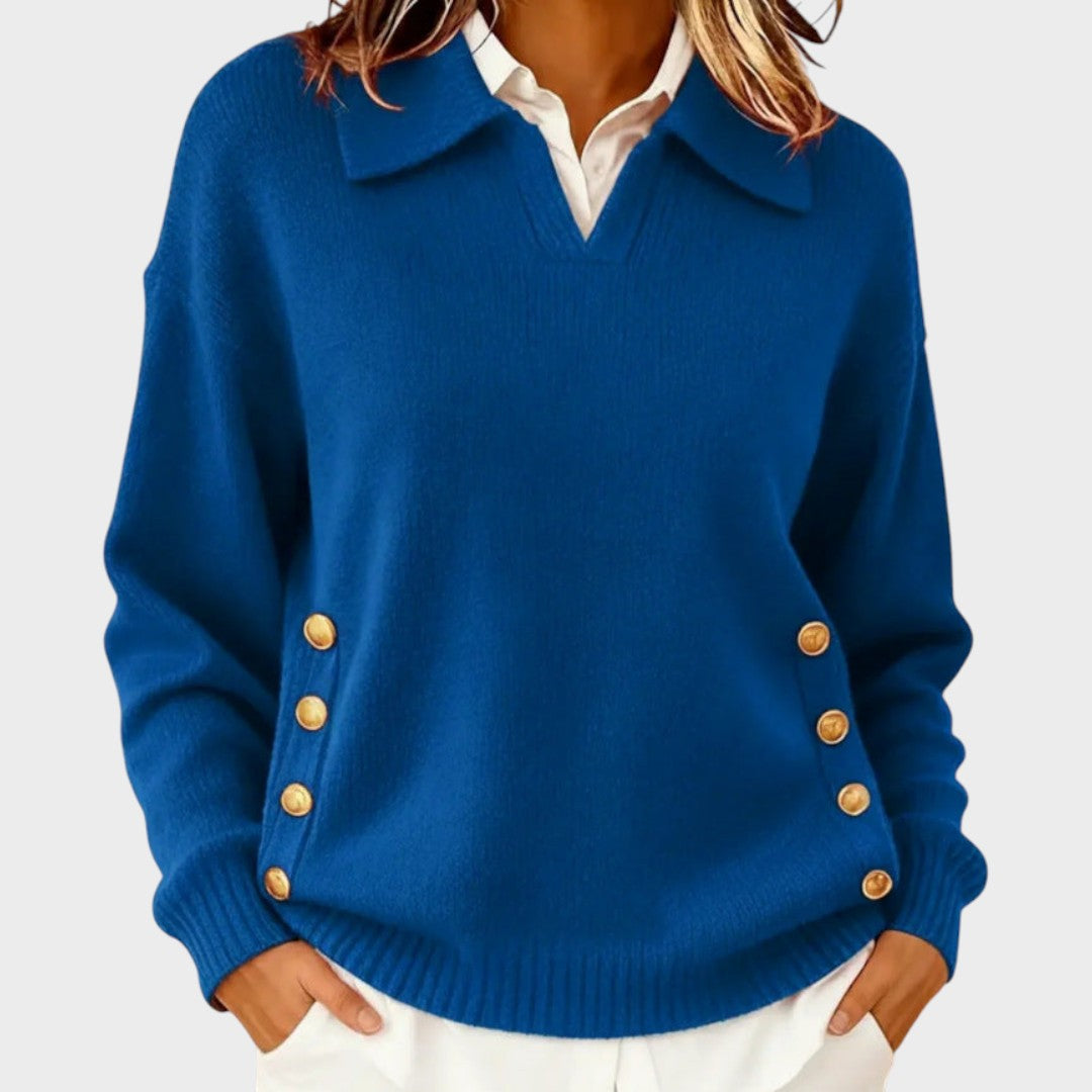 The Liriavine – Soft V-Neck Sweater with Side Button Detail