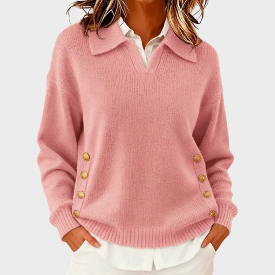 The Liriavine – Soft V-Neck Sweater with Side Button Detail