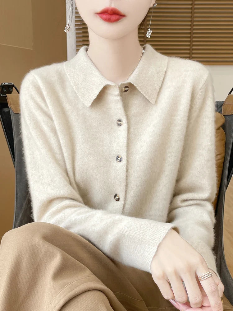 The Aurelienne – Merino Wool Polo-Button Cardigan