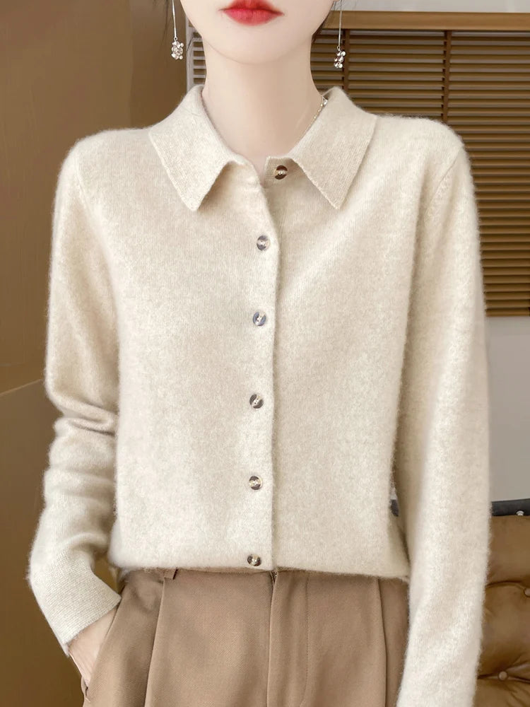 The Aurelienne – Merino Wool Polo-Button Cardigan