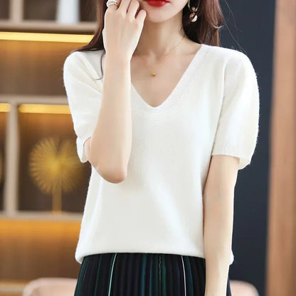 The Selavine – Soft V-Neck Short-Sleeve Knit Top