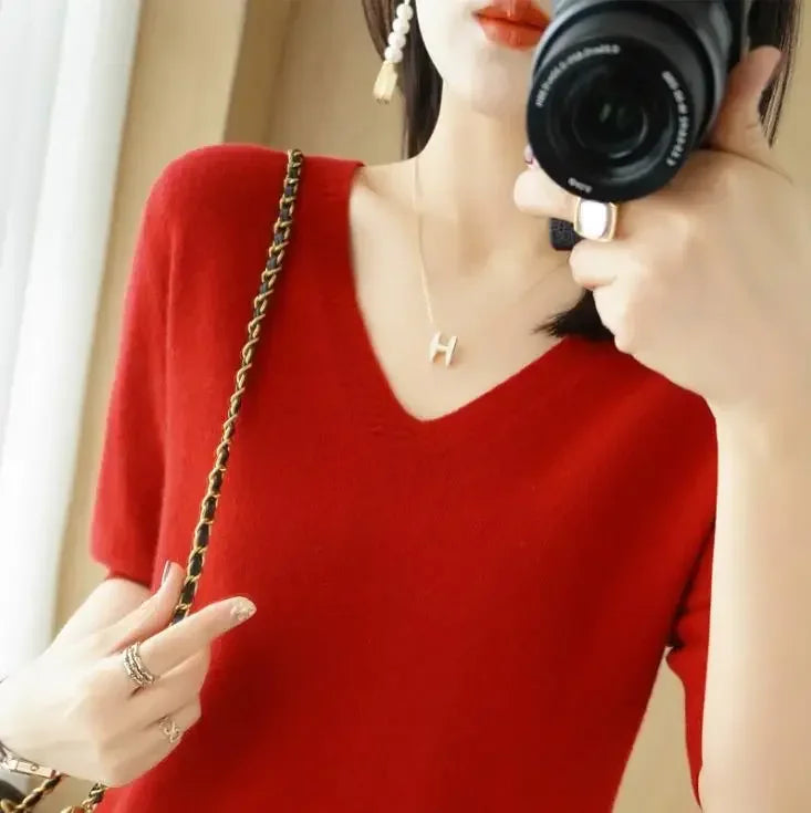 The Selavine – Soft V-Neck Short-Sleeve Knit Top