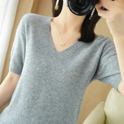 The Selavine – Soft V-Neck Short-Sleeve Knit Top