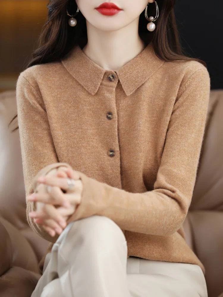 The Aurelienne – Merino Wool Polo-Button Cardigan