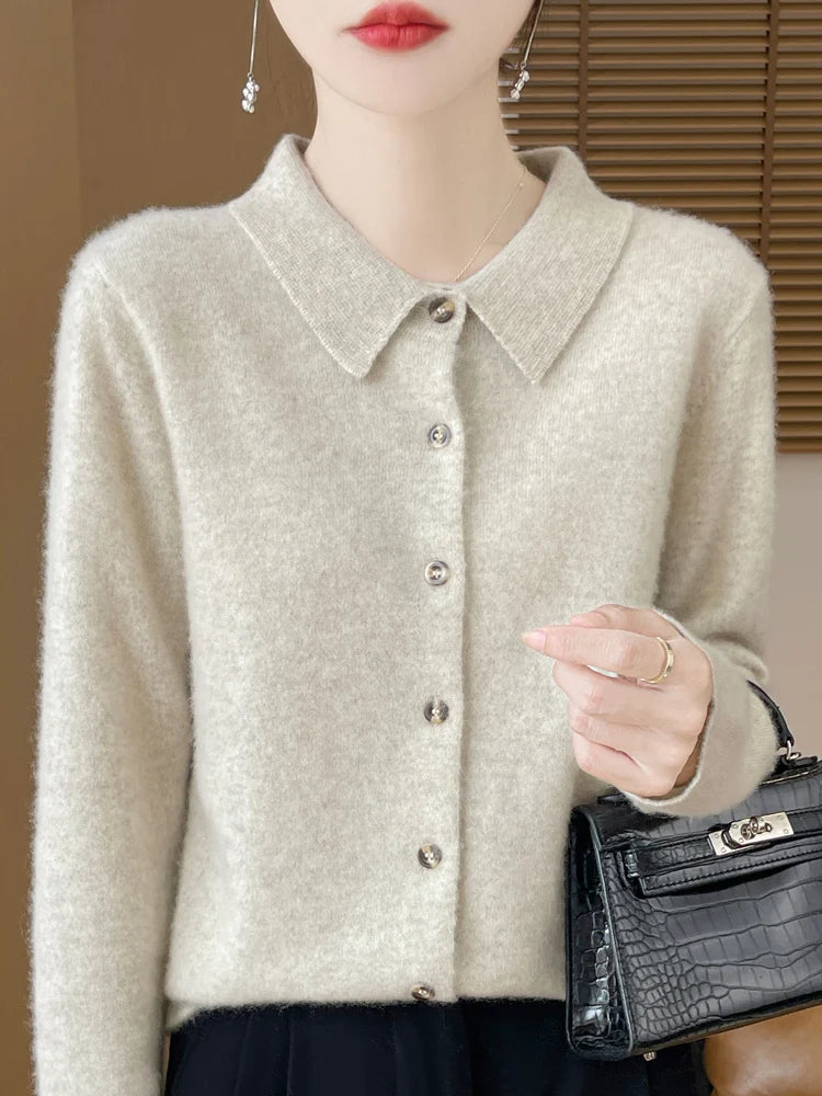 The Aurelienne – Merino Wool Polo-Button Cardigan