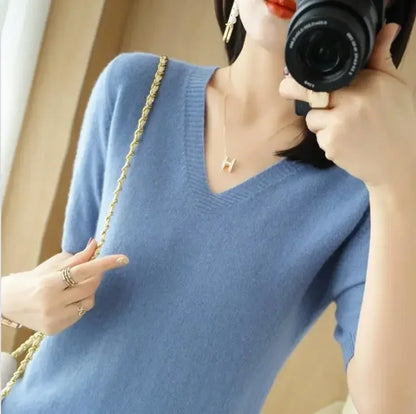 The Selavine – Soft V-Neck Short-Sleeve Knit Top