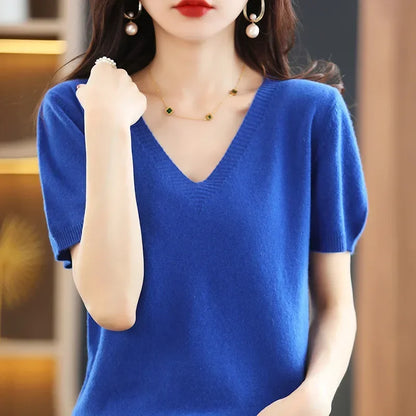 The Selavine – Soft V-Neck Short-Sleeve Knit Top