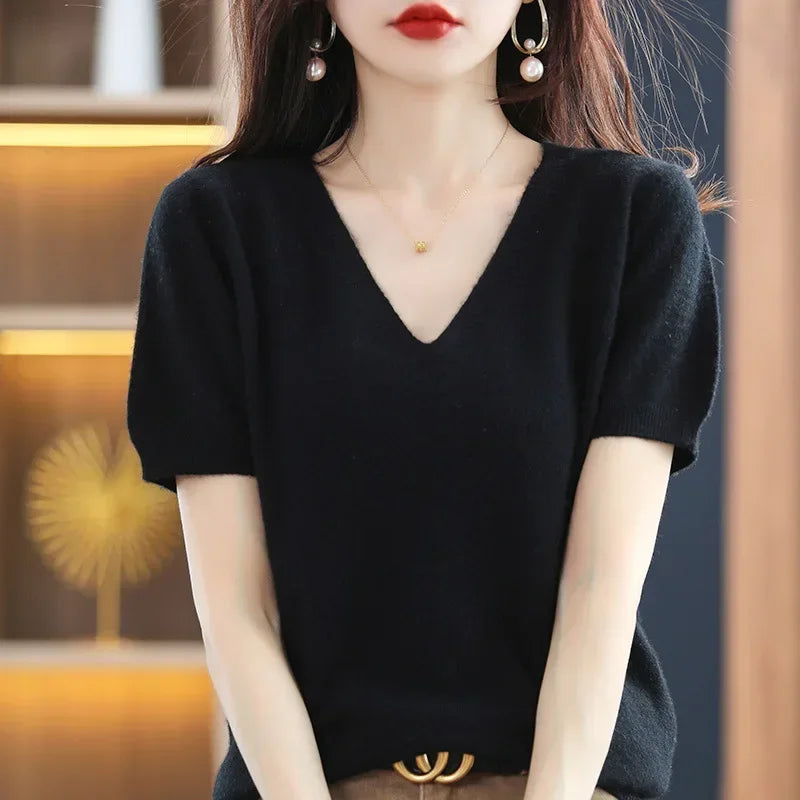 The Selavine – Soft V-Neck Short-Sleeve Knit Top