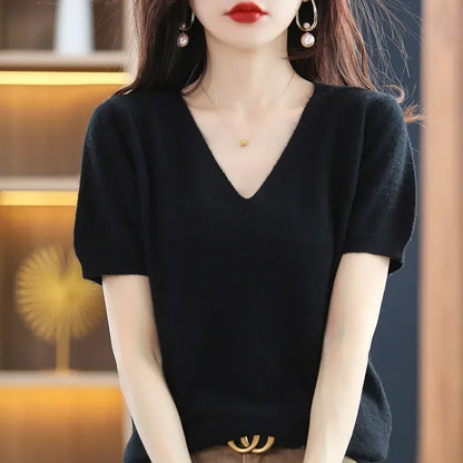 The Selavine – Soft V-Neck Short-Sleeve Knit Top