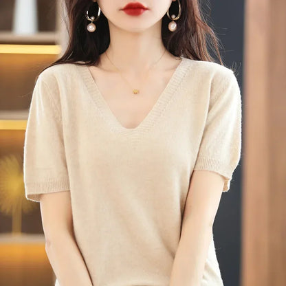 The Selavine – Soft V-Neck Short-Sleeve Knit Top