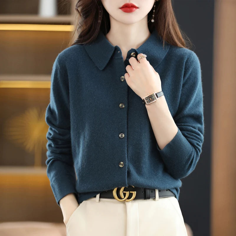 The Meralinne – Elegant Polo-Collar Knit Cardigan