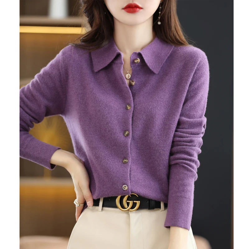 The Meralinne – Elegant Polo-Collar Knit Cardigan
