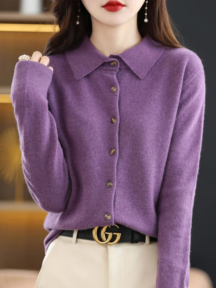 The Aurelienne – Merino Wool Polo-Button Cardigan