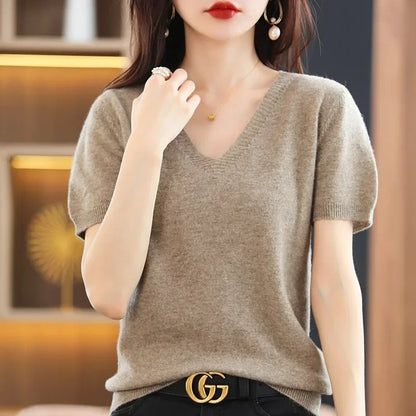 The Selavine – Soft V-Neck Short-Sleeve Knit Top