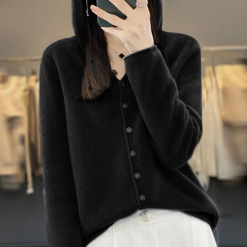 The Alveryne – Merino Wool Hooded Cardigan