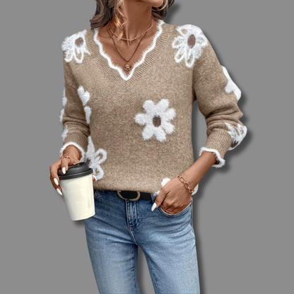 The Floravine – Elegant V-Neck Floral Sweater