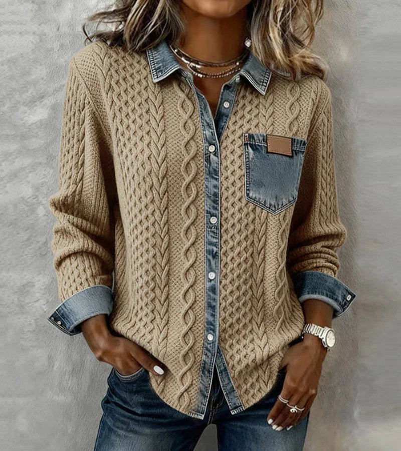 The Denavelle – Cable Knit Top with Denim Details