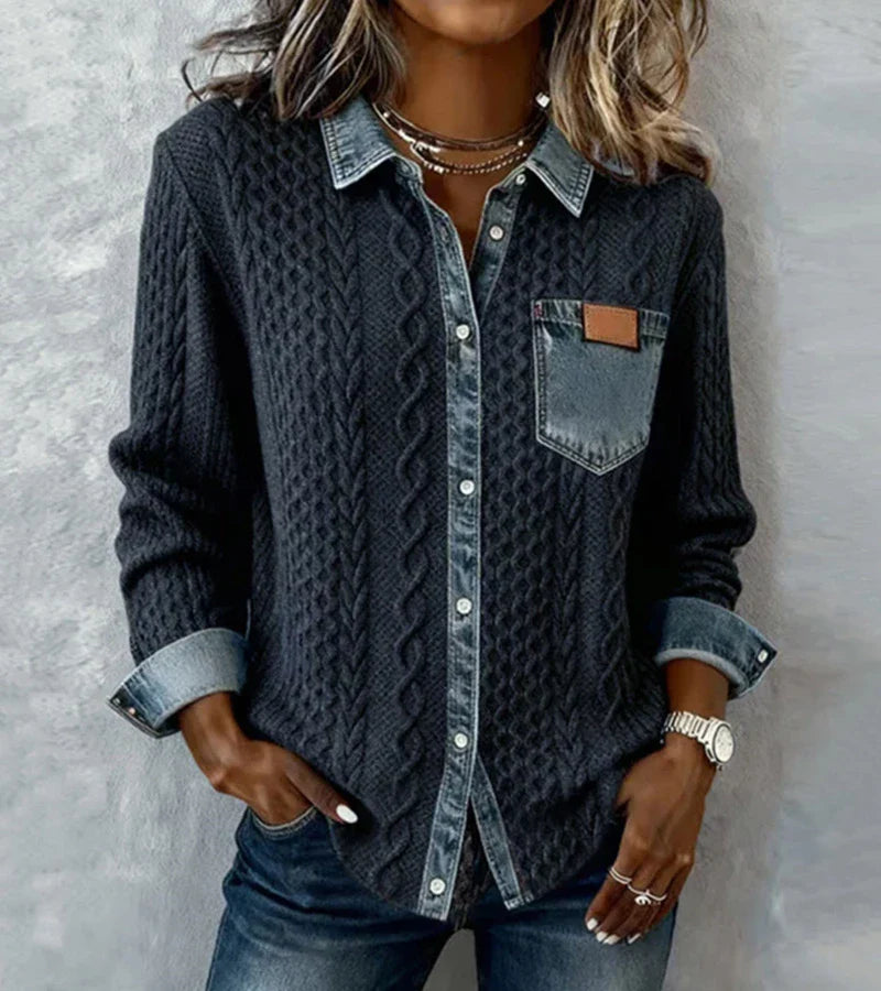 The Denavelle – Cable Knit Top with Denim Details