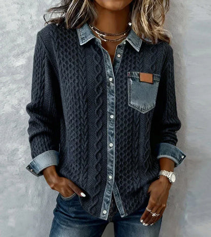 The Denavelle – Cable Knit Top with Denim Details