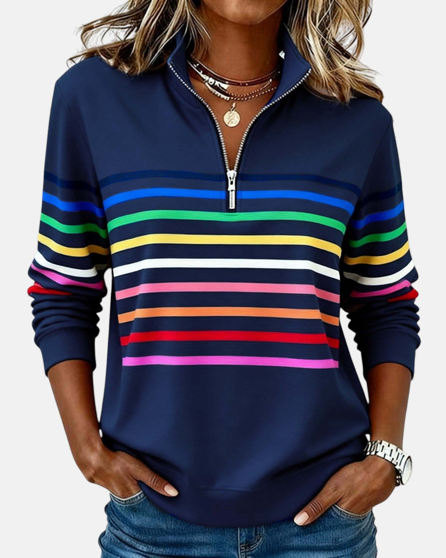 The Arviellea – Rainbow Zip-Collar Knit Top