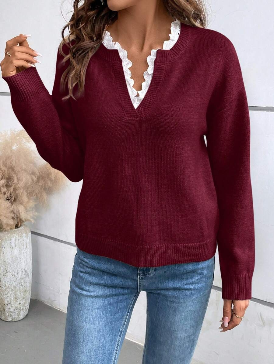 The Salverine – Elegant V-Neck Lace Trim Sweater